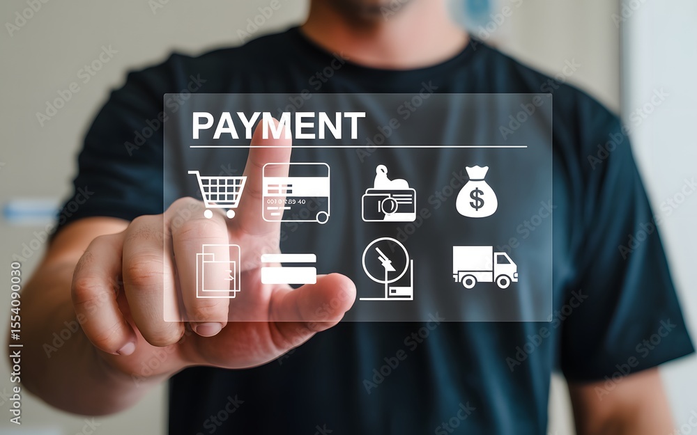 Poster a man's finger touching a payment interface with icons representing financial transactions