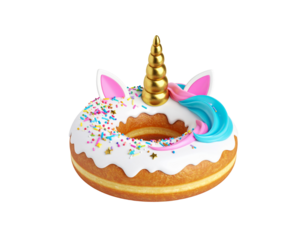 Delicious Unicorn Donut with Golden Horn White Icing Sprinkles and Pastel Mane.