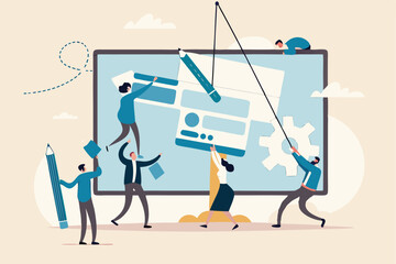 Website development, build homepage layout or html designer, SEO search engine optimization or site template creation concept, business people help carry web banner create website on computer screen.