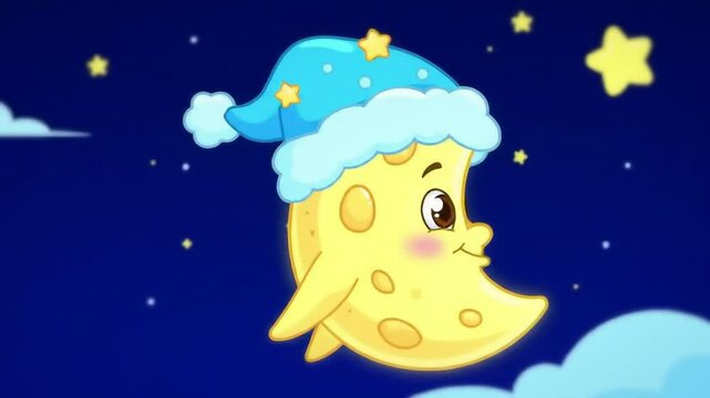 Cute animated moon with nightcap accessory in cartoon style
