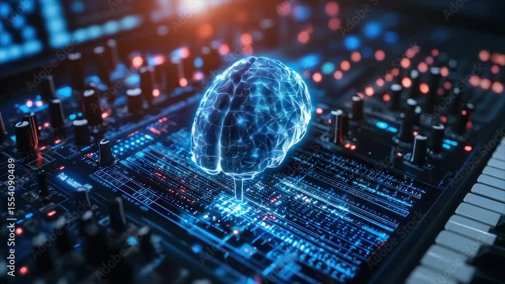 Poster ai brain on a synthesizer circuit board, symbolizing ai music creation