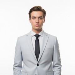 Serious Young Businessman in Grey Suit and Black Tie