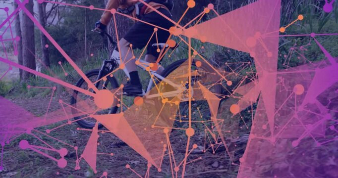 Sports cyclist adjusting grip ascending trail, mounting pedaling past pulsing network fading forest