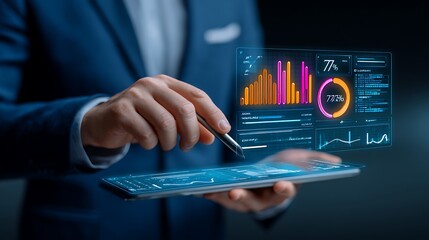 Businessman analyzing futuristic holographic financial data and charts on a tablet