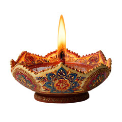 Ornate diya with lit candle, Diwali festival