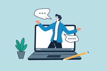Online video interview, meeting discussion or teaching e-learning, job interview or employment, talk or chat with colleague, conference call, businessman talking on computer laptop online interview.