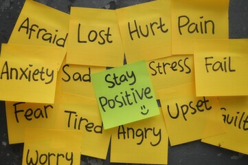 Yellow sticky notes with negative words like 