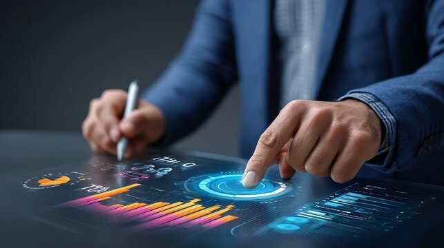 Businessman interacting with a futuristic holographic interface displaying financial data and charts