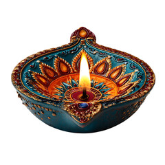 Decorated Diwali diya with lit candle