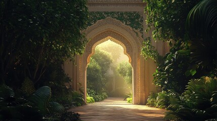 Fototapeta premium Sunlit archway through lush garden
