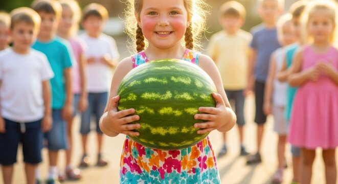 Joyful kids celebrating national picnic month with watermelon fun outdoors
