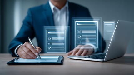 Businessman using stylus on tablet with digital checklist and laptop