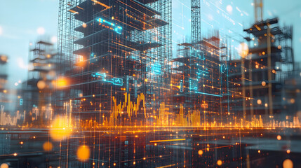 Construction Site with Transparent Digital Graphs and Financial Charts Overlay Representing Expense Tracking, Budget Management, Cost Analysis, and Financial Monitoring in Construction Proje34578990 3