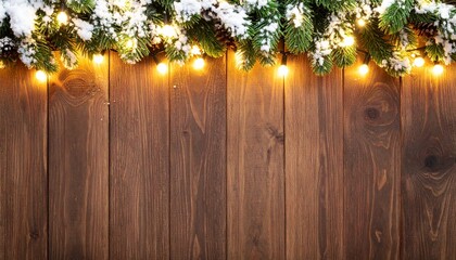 Festive Christmas Garland Illuminated by Warm Lights Adorning a Rustic Wooden Background