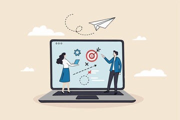 Digital strategy, online marketing or social media communication plan, challenge or technology for business development concept, business people marketer working with digital online plan on computer.