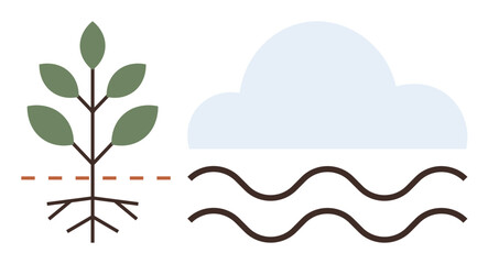 Tree seedling with roots, dotted soil line, soft cloud, water waves. Ideal for agriculture, ecology, sustainability, growth environment education water cycle. Simple flat metaphor