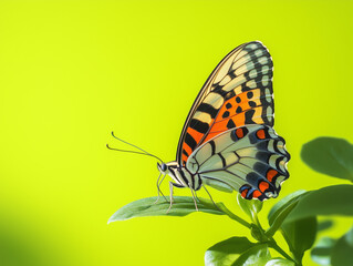 Obraz premium vibrant butterfly perched on green leaf against bright lemon green background, showcasing its intricate patterns and colors. scene evokes sense of tranquility and beauty in nature