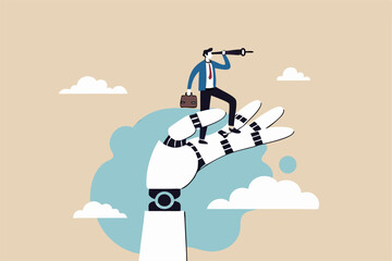 AI, Artificial Intelligence help business success, future of AI working with humanity, robot automation or innovation support, business support, robot hand help businessman look on telescope future.