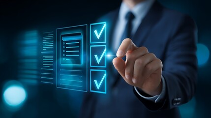 Businessman interacting with a futuristic digital checklist interface with glowing checkmarks