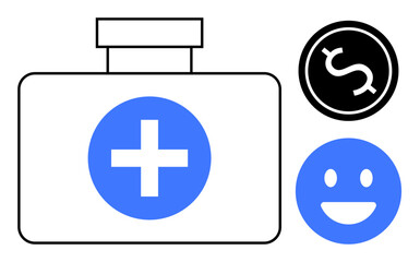 Fototapeta premium Medical kit box with a blue cross, dollar sign suggesting financial aspects, smiling face symbolizing health, happiness. Ideal for healthcare, costs, insurance, medical care, wellness savings