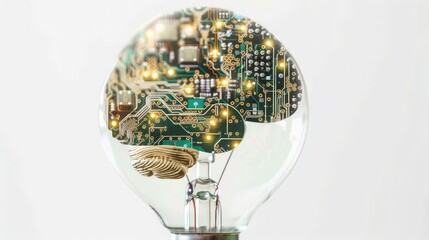 Brain-shaped circuit board inside light bulb symbolizing artificial intelligence, innovation, neural networks, and the future of smart digital technology and ideas