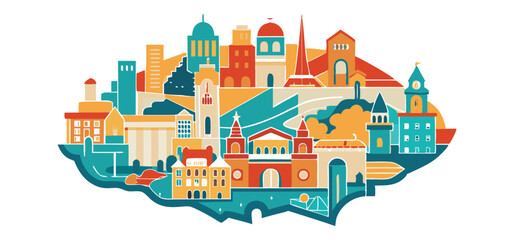 Colorful stylized illustration of a city skyline featuring iconic buildings and architectural elements in vibrant colors.