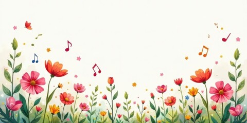 A whimsical illustration of blooming flowers and musical notes, a vibrant garden scene depicting colorful blossoms and floating melodies, perfect for springtime celebrations and joyful occasions.