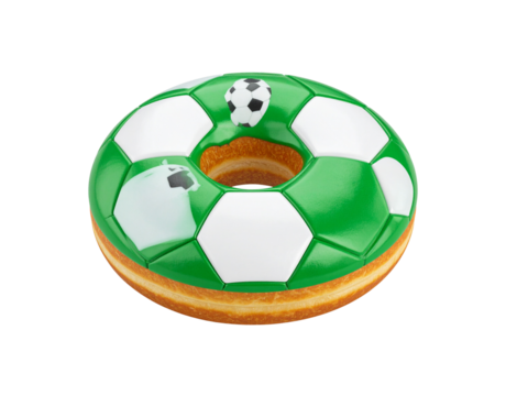 Soccer Ball Donut with Green Icing and White Hexagons.