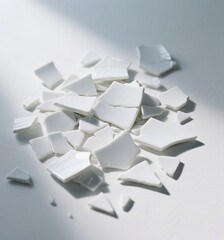 Pile of broken white ceramic shards isolated on white background