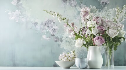 Obraz premium Beautiful pastel flowers in elegant vases on table