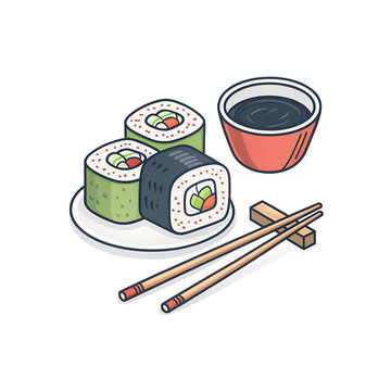 sushi rolls, soy sauce, chopsticks, white background clip art preview