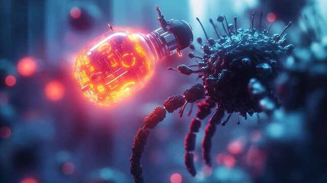 A glowing nanobot interacting with living bacteria under a microscope 