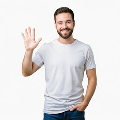 Smiling Man Showing Number Five Hand Gesture on  Background