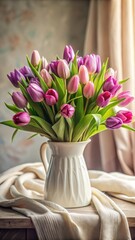 Obraz premium Fresh pink and violet tulips bouquet in a elegant white vase