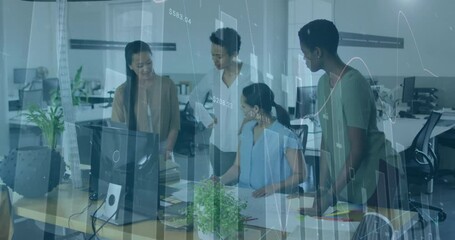 Seated team member clicking mouse guiding team pointing at chart overlays during financial analysis - Powered by Adobe