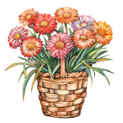 A Strawflower Flower Basket, watercolor clipart vector, isolated on a white background.
