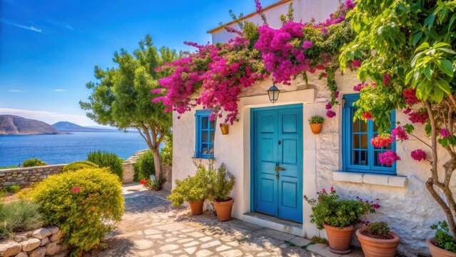 House with bright blue door in white house surrounded by green trees and flowers in Halki island Greece