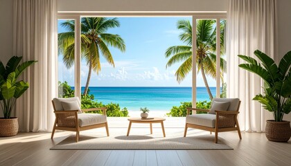 Serene Beachfront Living Room With Ocean View And Palm Trees