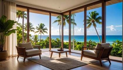 Luxurious Living Room With Ocean View And Tropical Trees For Relaxation And Comfort
