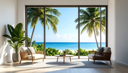 Luxurious Living Room With Ocean View And Palm Trees In Tropical Paradise