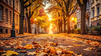 Fototapeta premium Personless streets lined with fallen leaves and autumn foliage in a quiet cityscape at dawn