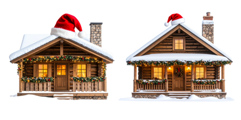 Snowy Wooden Cottage with Festive Garland and Santa Hat on Chimney, isolated on transparent background PNG