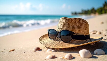 Relaxing Summer Vacation Beach Scene With Straw Hat And Sunglasses By The Ocean