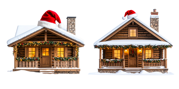 Snowy Wooden Cottage with Festive Garland and Santa Hat on Chimney, isolated on transparent background PNG - Powered by Adobe