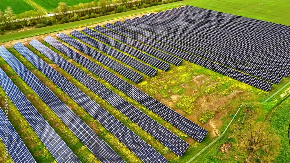 Poster solar panel array in green fields, aerial orbit view