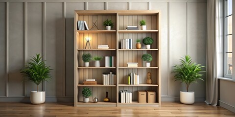 Fototapeta premium A well-organized bookshelf with decorative items stands alone in a quiet room