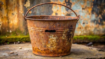 Old rusty metal bucket with a hole in side