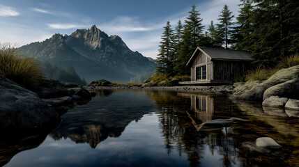 Fototapeta premium Wooden Cabin by Mountain Lake
