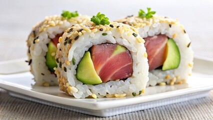 Close-up of a single sushi California roll with tuna and avocado