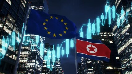 Dynamic financial market analysis with european union and north korean flags in urban night setting - Powered by Adobe